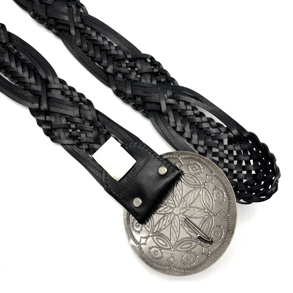 Vintage Y2K New York & Co Black Braided Leather Medallion Buckle Wide Belt M 34